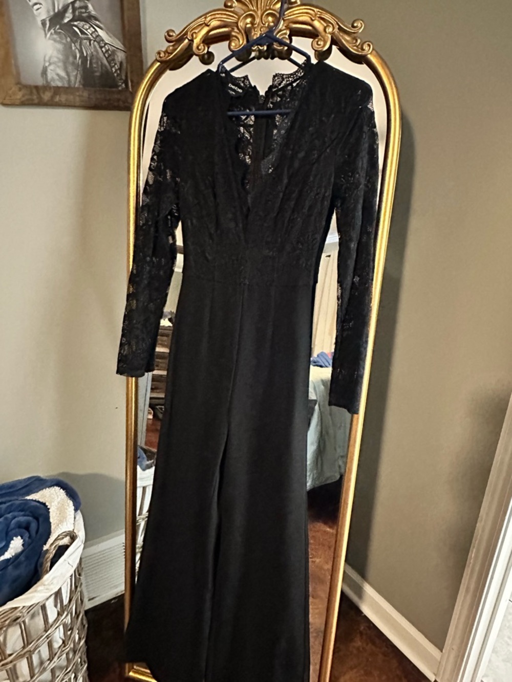 bebe Black Lace Long-Sleeve Jumpsuit